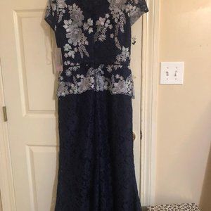 JS Collections Floral Embroidered gown, navy, size 12